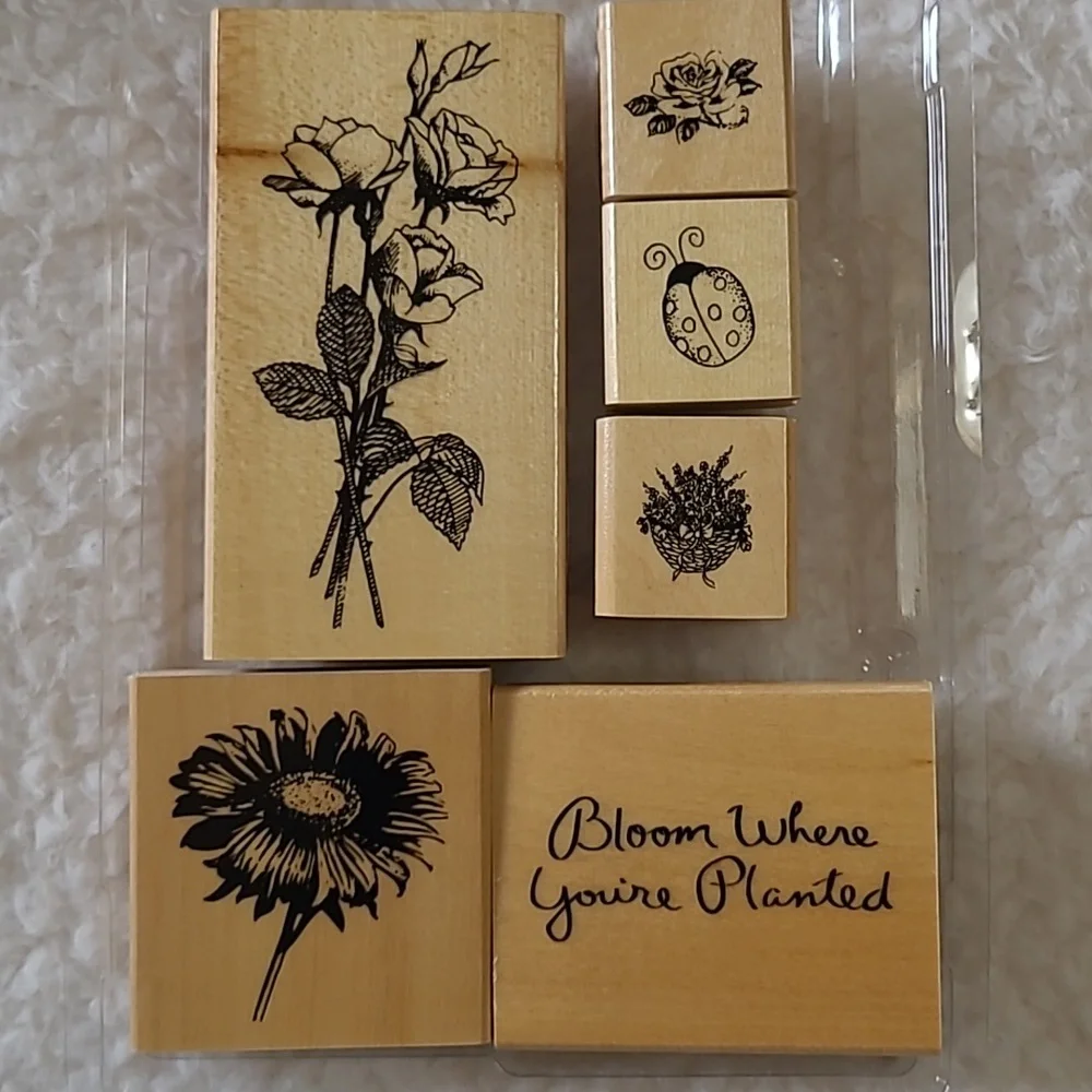 20 Wooden Stamps Lighthouse Seashells Fruit Flowers Bloom Where You're Planted